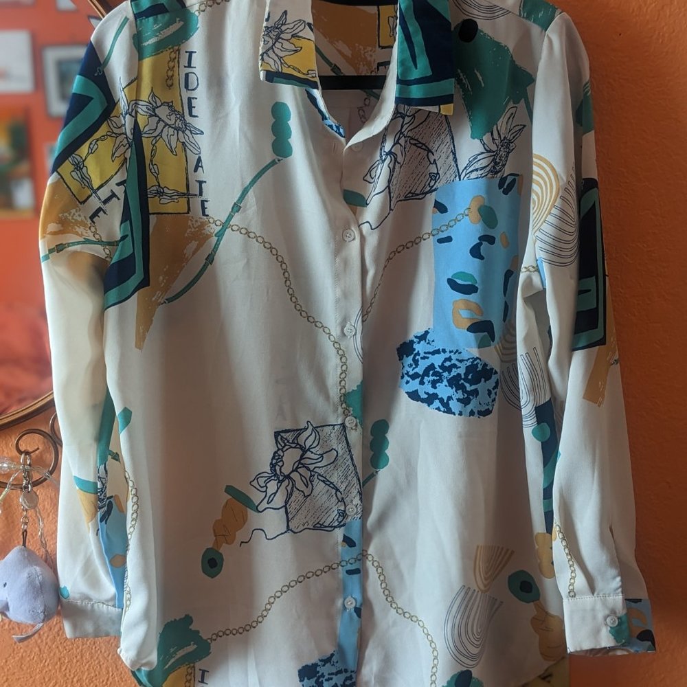 51. Menglu Women's Warm Cream Button Up Satin-Feel With Large Dispersed Abstract